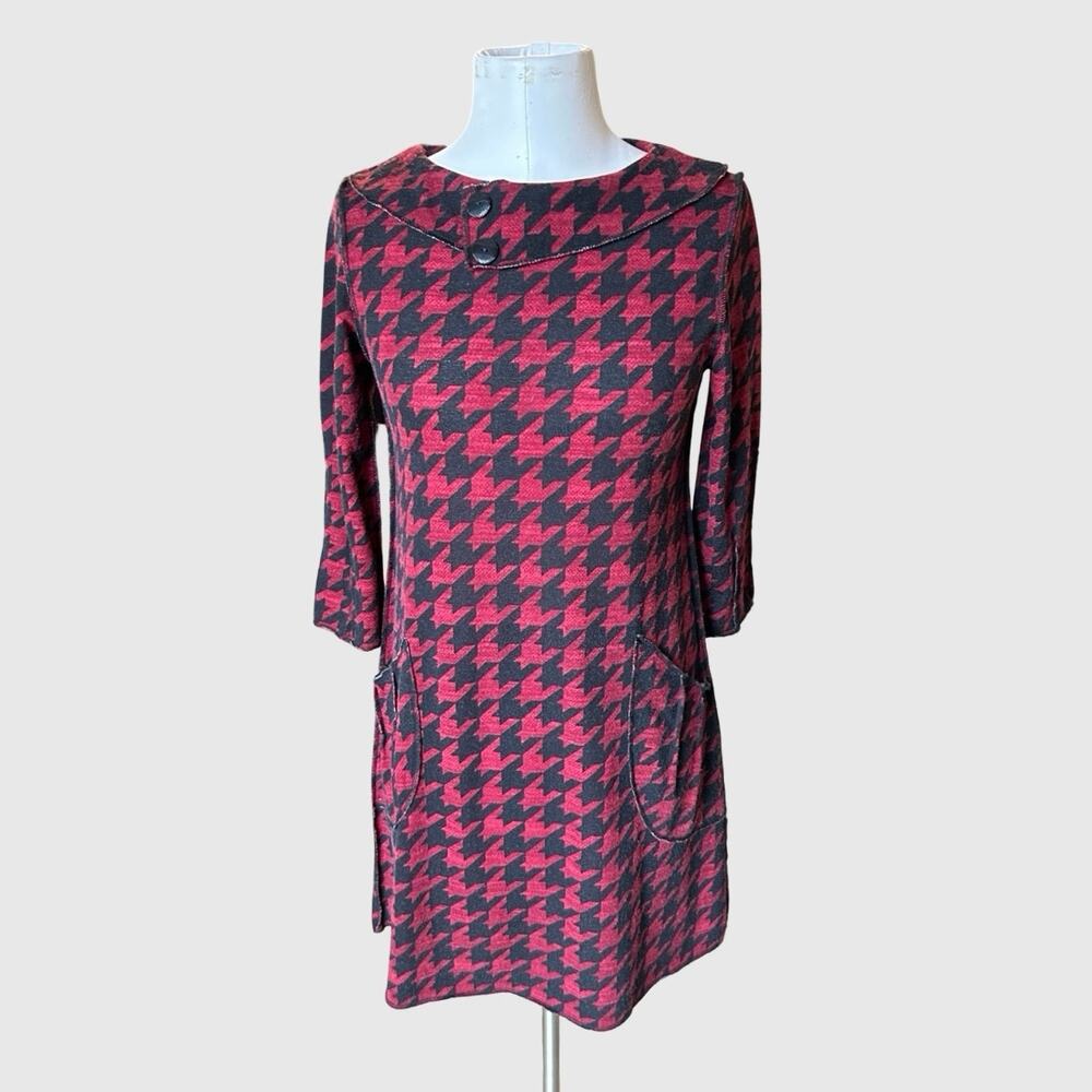 Beebop & Wally New York Houndstooth Mini Dress Red Black Long Sleeve Sz Small